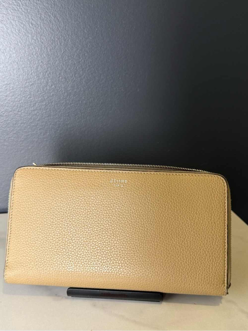Celine Tan Pebbled Leather Zip Wallet